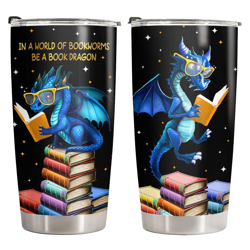 34HD Book Dragon Tumbler with Lid, 20oz Stainless Steel Vacuum Insulated Dragon Coffee Mug, Book Lover Gifts for Birthday Christmas Back To School, Bookworm Gifts for Women, Bookish Items - Image 1